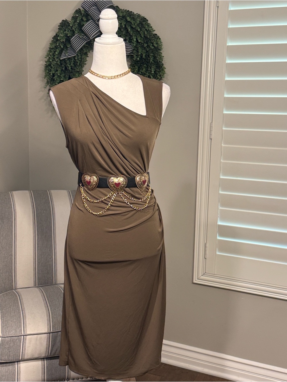 Victoria's Secret Ruched Midi Sheath Dress in Olive Brown.  Belt seperate